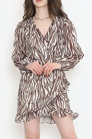 Kahverengi Zebra Desenli Astarlı Kruvaze Yaka Kısa Kloş Eteği Fırfırlı Asimetrik Şifon Elbise Abiye