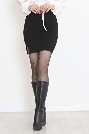Kadın Yüksek Bel Beli Lastikli Siyah Mini Kışlık Örme Yırtmaçlı Etek - 15908