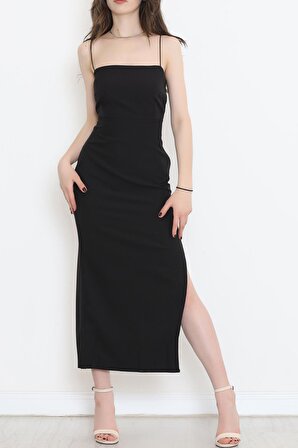 Kadın Kare Yaka İnce İp Askılı Uzun Yırtmaçlı Kalem Elbise Siyah Maxi Abiye Gece Elbisesi - 4302