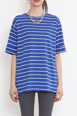 Mavi Çizgili Pamuklu Yandan Yırtmaçlı Likralı Konfor Modeli Kısa Kollu Spor Ve Günlük T-shirt