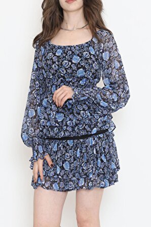 Mavi Çiçekli Astarlı Kayık Yaka Fırfırlı Beli Gipeli Eteği Kat Kat Kloş Beli Lastikli Şifon Elbise