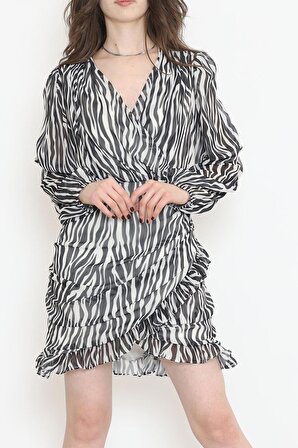 Siyah Zebra Tüllü Astarlı Kruvaze Yaka Kısa Kloş Eteği Fırfırlı Asimetrik Kesim Şifon Elbise Abiye