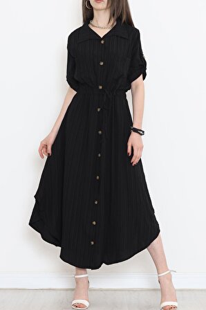 Kadın Çift Cepli Bürümcük Kumaş Beli Büzgülü Rahat Kesim Beli Kuşaklı Gömlek Elbise Siyah - 1523