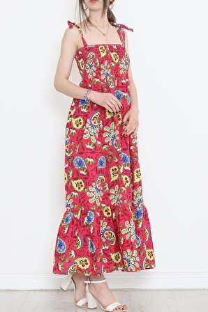 Kadın Kare Yaka İp Askılı Gipeli Askı Bağlamalı Uzun Fuşya Çiçekli Kloş Elbise Plaj Elbisesi 9404