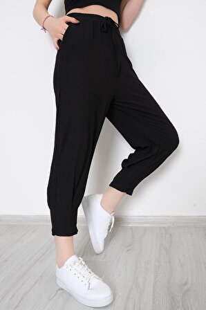 Kadın Yüksek Bel Salaş Cepli Havuç Kesim Beli Lastikli Pantolon Siyah - 6699