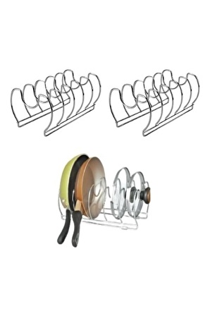 2'li Tava Ve Tencere Kapağı Düzenleyici Mutfak Dolap Ve Çekmece Organizeri 5 Bölmeli Mat Metal