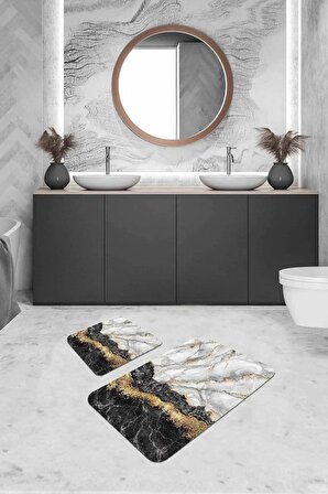 Siyah Mermer Görünümlü Banyo Halısı Klozet Paspas Seti BS305