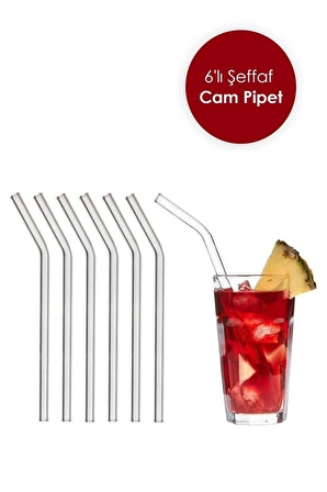 6 Adet Şeffaf Cam Eğimli Pipet - Cam Pipet 6'lı 