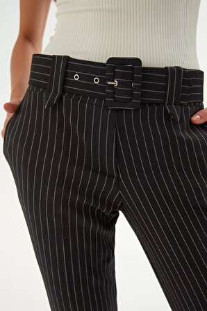 Kemer Detaylı Çizgili Bilek Boy Pantolon 5002-Siyah
