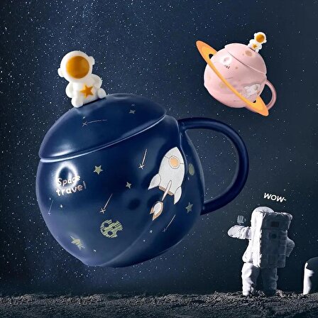 Astronot Temalı Porselen Kupa Bardak - Mavi