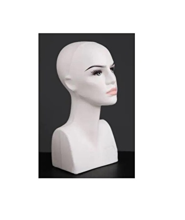 Bayan Büst Kafa Mankeni Plastik Beyaz Renk Makyajlı - Atkı Bere, Şapka ve Peruk Mankeni (Vitrin RAF)
