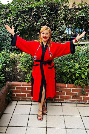 I'm Ook 4 Kat Müslin Kumaş Kırmızı Siyah Bornoz Kimono Sabahlık Mevsimlik Uzun Hırka