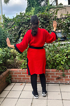 I'm Ook 4 Kat Müslin Kumaş Kırmızı Siyah Bornoz Kimono Sabahlık Mevsimlik Uzun Hırka