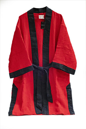 4 Kat Müslin Kumaş, Kırmızı-Siyah Bornoz Kimono Sabahlık Mevsimlik Uzun Hırka + Saten Göz Bandı