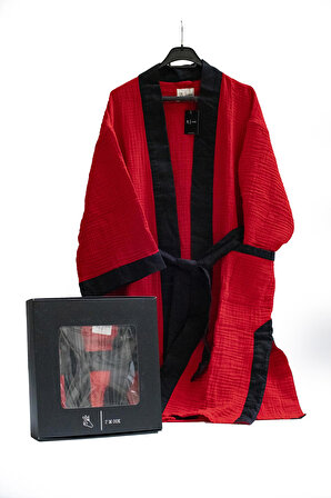 4 Kat Müslin Kumaş, Kırmızı-Siyah Bornoz Kimono Sabahlık Mevsimlik Uzun Hırka + Saten Göz Bandı