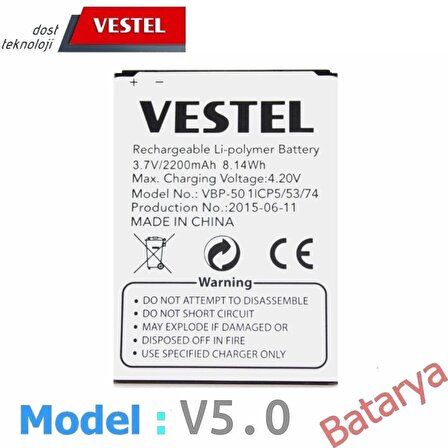 Vestel V5.0 Batarya Vestel V 5.0  Uyumlu Batarya