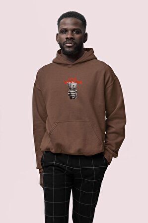 Vision Baskılı Kahverengi Erkek Kapüşonlu 3 iplik Şardonlu Ribanalı Sweatshirt Hoodie