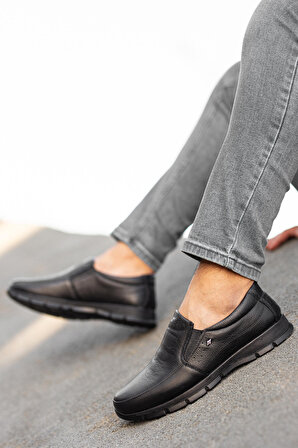 W-985 Siyah Ortopedik Günlük Baba Ayakkabısı Hakiki Deri Erkek Ayakkabısı