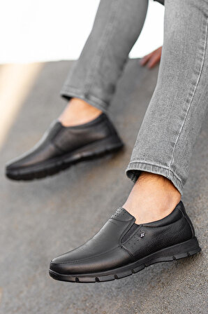 W-985 Siyah Ortopedik Günlük Baba Ayakkabısı Hakiki Deri Erkek Ayakkabısı
