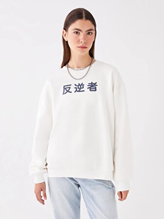 Bisiklet Yaka Baskılı Uzun Kollu Oversize Kadın Sweatshirt