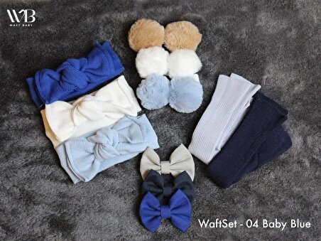 Mavi Bebek Hediye Seti - 2 Adet Çorap, 3 Adet Bandana, 3 Adet Ponpon, 3 Adet Toka, Yenidoğan Hediyeleri, Erkek Bebek Hediyeleri, Bebek Hediye Fikirleri