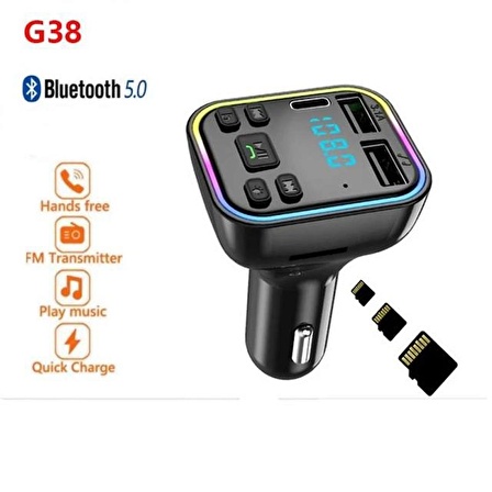 Araç İçi Fm Bluetooth Radyo Mp3 Çalar 7 Renk Rgb Işıklı Şarj Kiti Usb 3.1 Sd Kart Destekli