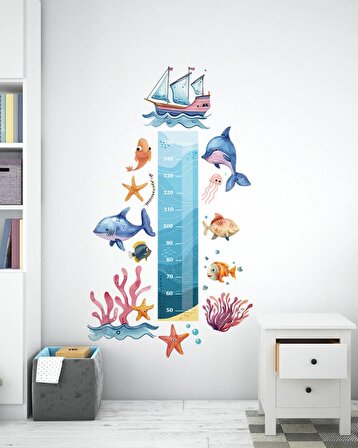 Çocuk Odası Duvar Sticker Seti, Deniz Altı Boy Cetveli, Balıklar Boy Ölçüm Sticker Duvar Dekoru