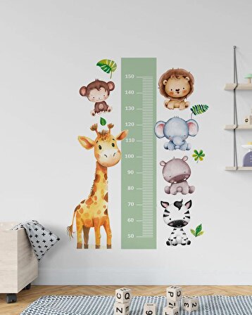 Çocuk Odası Duvar Sticker Seti, Hayvanlar Boy Cetveli, Safari Boy Ölçüm Sticker Duvar Dekoru