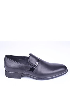 Burç 2213 Erkek Siyah Hakiki Deri Klasik Bağcıksız Ayakkabı 