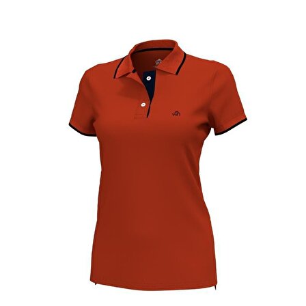 Polo Yaka Çizgili Pamuklu  Kadın  T-shirt Kiremit-M