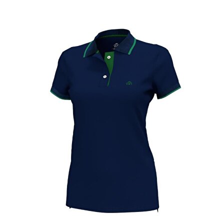 Polo Yaka Çizgili Pamuklu  Kadın  T-shirt Lacivert-M