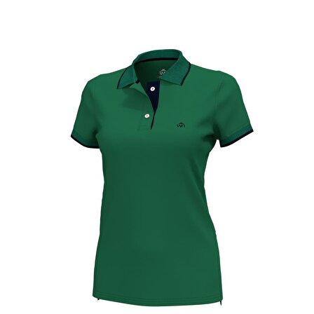 Polo Yaka Çizgili Pamuklu  Kadın  T-shirt Yeşil-XL