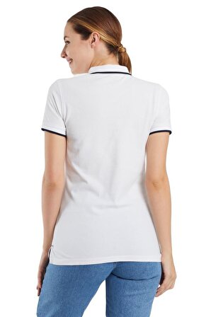 Polo Yaka Çizgili Pamuklu  Kadın  T-shirt Beyaz-S
