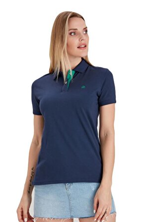 Polo Yaka Pamuklu Kadın T-shirt Lacivert-S