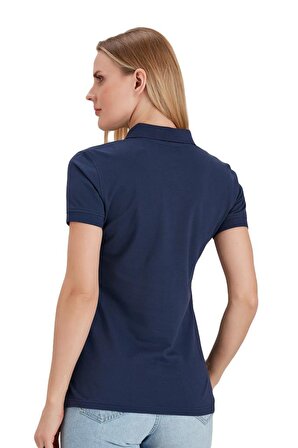 Polo Yaka Pamuklu Kadın T-shirt Lacivert-S