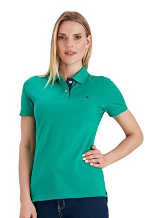 Polo Yaka Pamuklu Kadın T-shirt Yeşil-XL