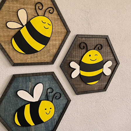 Mutlu Arılar Ahşap Tablo Seti 3'lü
