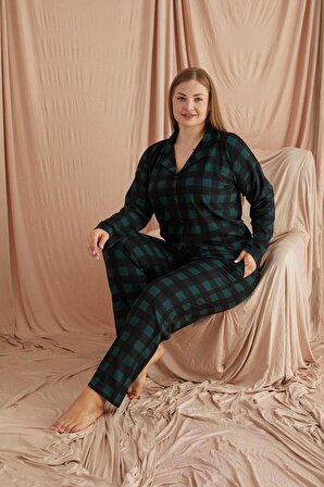 Kadın Kışlık Büyük Beden Yeşil Ekoseli Düğmeli Uzun Kollu Süet Pijama Takımı