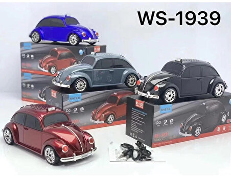 WSTER WS-1939 BEETLE Araba Görünümlü Taşınabilir Kablosuz Bluetooth Hoparlör ve Radyo MAVİ