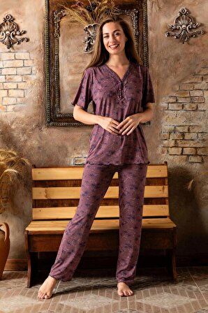 Kadın Yakası Dantelli Düğmeli Kısa Kollu Bambu Pijama Takımı