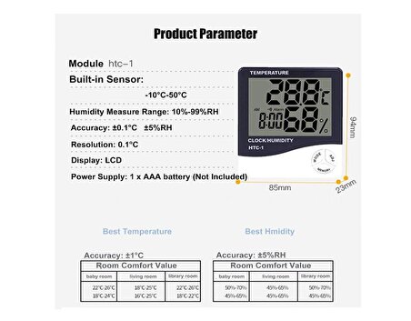 Htc-1 Dijital Termometre Saat Nem Ve Sıcaklık Ölçer Iç Dış Mekan