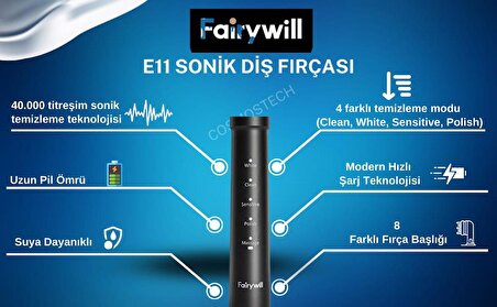 Fairywill E11 Sonic Şarj Edilebilir Diş Fırçası 5 Farklı Temizleme Modu + 8 Yedek Başlıklı Seyahat Kiti