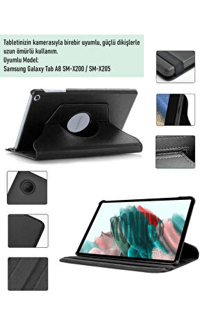 Monker Samsung Galaxy Tab A8 X200 Uyumlu Siyah 10.5 inç Tablet Kılıfı Dönebilen Standlı Suni Deri