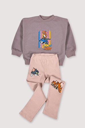 Kız Çocuk Pembe Tom & Jerry Karakterli Alt Üst Takım - %100 Pamuk, 3-4 Yaş