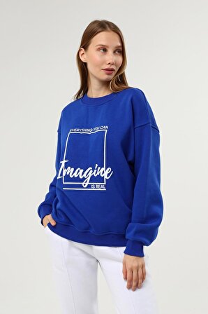 Kadın Baskılı Şardonlu Sweatshirt Saks Mavi Renk
