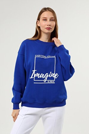 Kadın Baskılı Şardonlu Sweatshirt Saks Mavi Renk