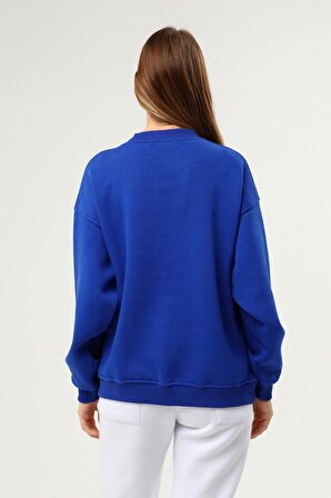 Kadın Baskılı Şardonlu Sweatshirt Saks Mavi Renk