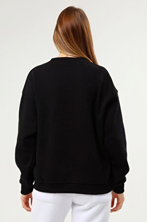 Kadın Baskılı Şardonlu Sweatshirt Siyah Renk