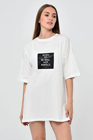 Kadın Oversize Baskılı Tişört - Beyaz Renk