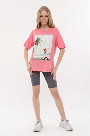 Kadın Bisiklet Yaka Dijital Baskılı Fuşya Renk T-shirt